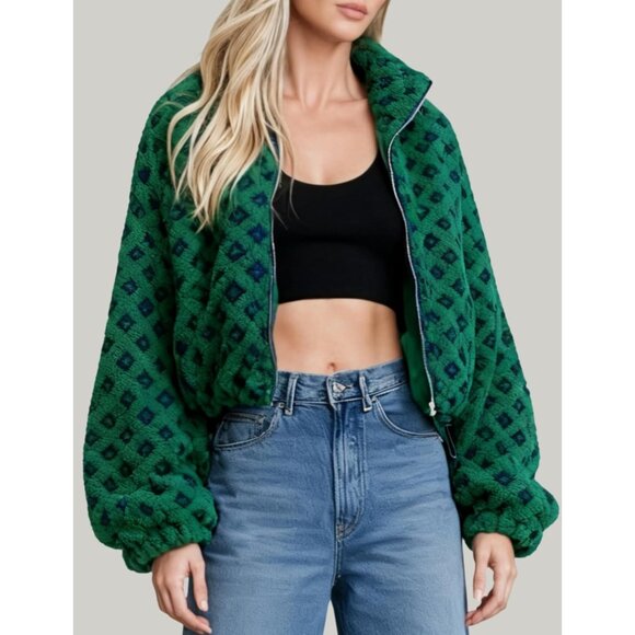 Women Dark green Cropped Sherpa Fleece Plaid Jacket Chunky Outerwear - Picture 3 of 7
